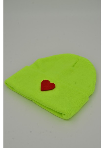 Sevgililer Günü Özel Koleksiyonu Kırmızı Kalp Figürlü Neon Sarı Renk Unisex Erkek/Kadın Bere