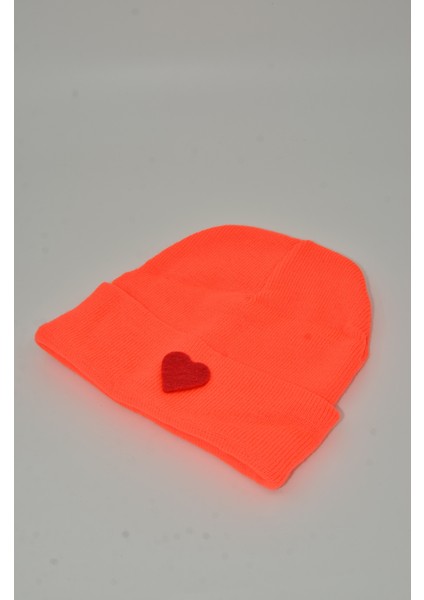 Sevgililer Günü Özel Koleksiyonu Kırmızı Kalp Figürlü Neon Turuncu Renk Unisex Bere