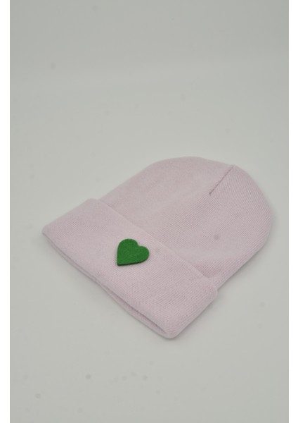 Sevgililer Günü Özel Koleksiyonu Yeşil Kalp Figürlü Pembe/Pudra Renk Unisex Erkek/Kadın Bere