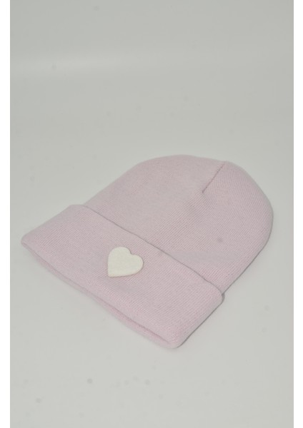 Sevgililer Günü Özel Koleksiyonu Beyaz Kalp Figürlü Pembe/Pudra Renk Unisex Erkek/Kadın Bere