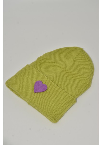 Sevgililer Günü Özel Koleksiyonu Mor Kalp Figürlü Fıstık Yeşili Renk Unisex Erkek/Kadın Bere