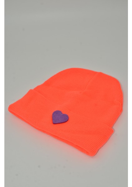 Sevgililer Günü Özel Koleksiyonu Mor Kalp Figürlü Neon Turuncu Renk Unisex Erkek/Kadın Bere