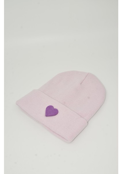 Sevgililer Günü Özel Koleksiyonu Mor Kalp Figürlü Pembe/Pudra Renk Unisex Erkek/Kadın Bere