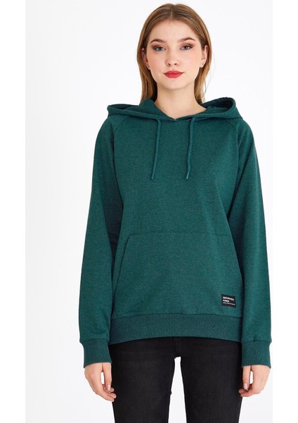 Kadın Yeşil Kapüşonlu Basic Örme Sweatshirt