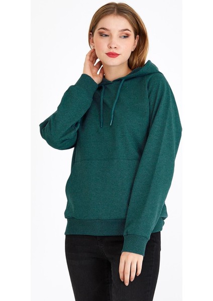 Kadın Yeşil Kapüşonlu Basic Örme Sweatshirt