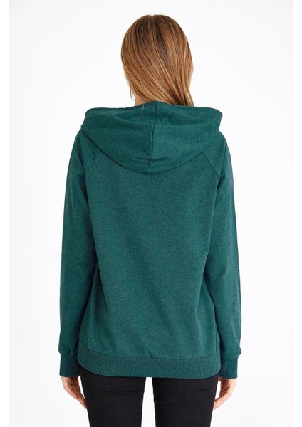 Kadın Yeşil Kapüşonlu Basic Örme Sweatshirt