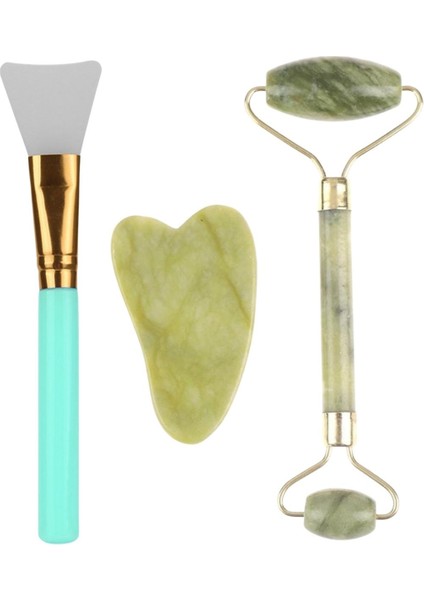 Buffer® Çift Taraflı Jade Roller Yeşim Taşı Seti + 2li Silikon Maske Sürme Fırçası Cilt Bakım Seti