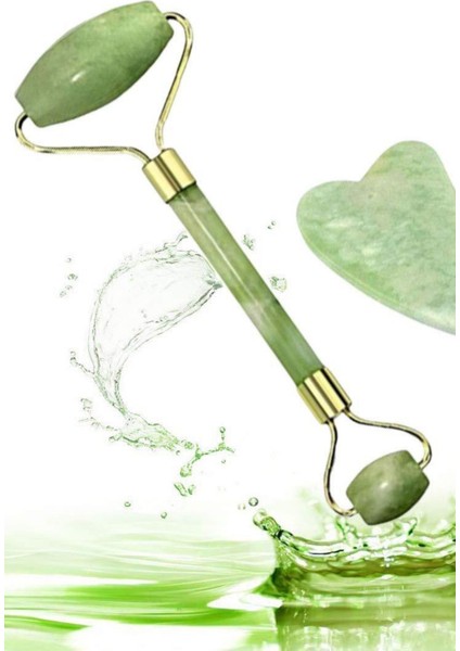 Buffer® Çift Taraflı Jade Roller Yeşim Taşı Seti + 2li Silikon Maske Sürme Fırçası Cilt Bakım Seti