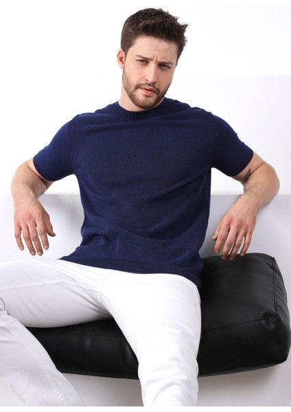 Saks/siyah Kuşgözü Desenli Bisiklet Yaka Erkek Triko T-Shirt