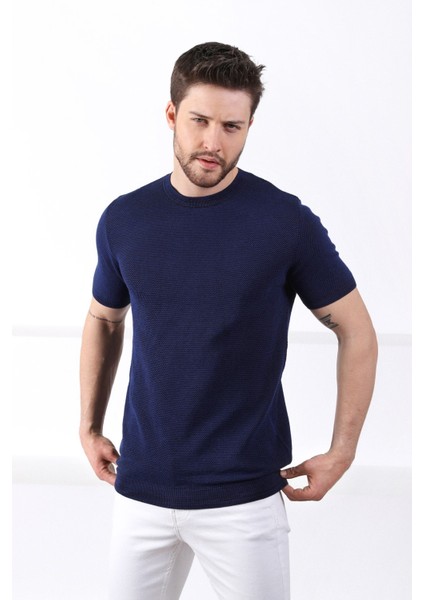 Saks/siyah Kuşgözü Desenli Bisiklet Yaka Erkek Triko T-Shirt