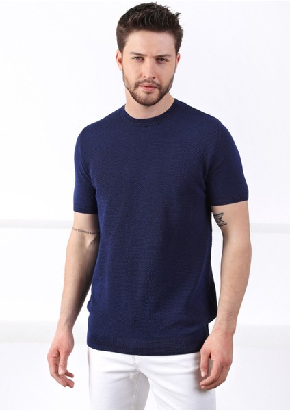 Saks/siyah Kuşgözü Desenli Bisiklet Yaka Erkek Triko T-Shirt