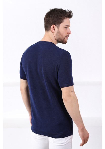 Saks/siyah Kuşgözü Desenli Bisiklet Yaka Erkek Triko T-Shirt