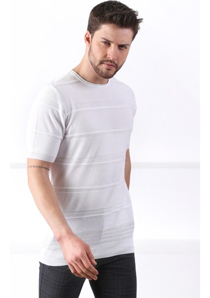 Beyaz Bisiklet Yaka Erkek Pamuk Triko T-Shirt