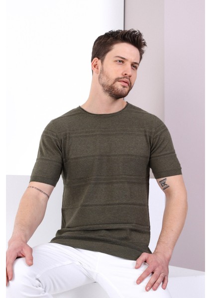 Haki Bisiklet Yaka Erkek Pamuk Triko T-Shirt