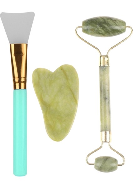 Buffer® Çift Taraflı Jade Roller Yeşim Taşı Seti + 2li Silikon Maske Sürme Fırçası Cilt Bakım Seti