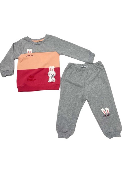 Erkek Bebek Gri Tavşancık Detaylı Pamuklu Uzun Kollu Ikili Takım