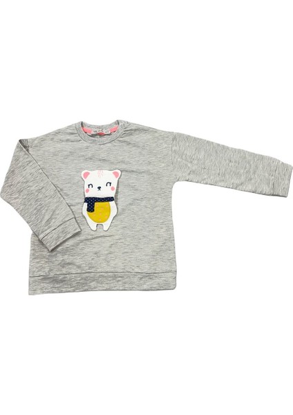 Kız Çocuk Gri Sevimli Hayvancık Kabartma Desenli Sweatshirt