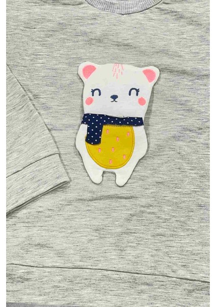 Kız Çocuk Gri Sevimli Hayvancık Kabartma Desenli Sweatshirt