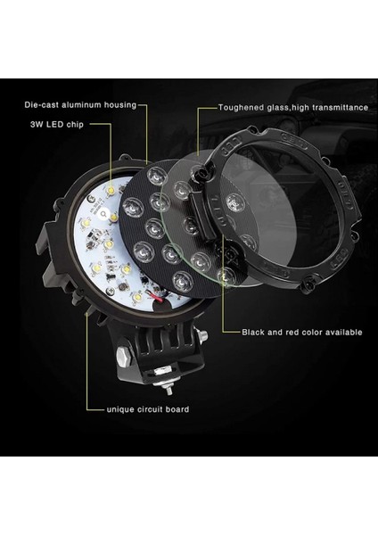 17 Ledli Beyaz Çalışma Lambası Yuvarlak Büyük Siyah Çerçeveli Metal Kasa 12-24 Volt Uyumlu modelleri