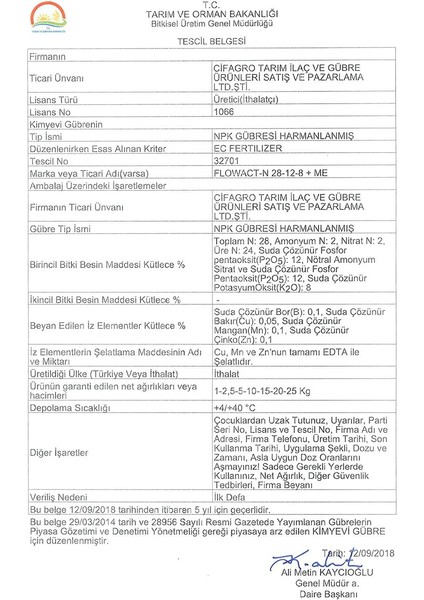 Flowact N 28 – 12 – 8 + ME - AZOT AĞIRLIKLI NPK GÜBRESİ- %100 Italyan Cifo Gübresi -EC Fertiliser - 2,5 kg