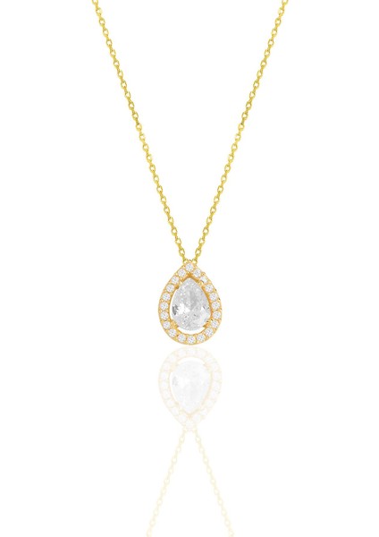 Gümüş Altın Yaldızlı Zirkon Taşlı Damla Modeli Kolye