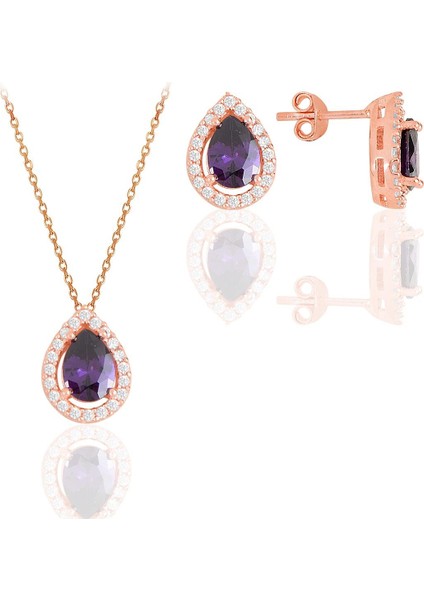 Gümüş Rose Ametis Taşlı Damla Modeli Ikili Set