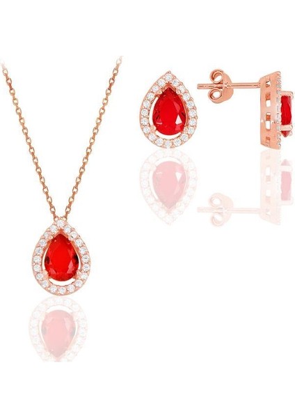 Gümüş Rose Kırmızı Taşlı Damla Modeli Ikili Set