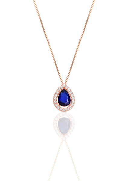 Gümüş Rose Safir Taşlı Damla Modeli Kolye
