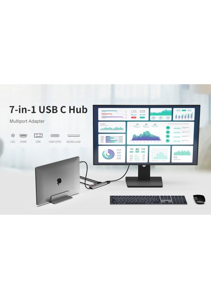 CF08 Macbook Uyumlu Type-C to 4K 1080p Ultra HD HDMI Type-C PD Şarj 2* USB 3.0 SD TF Kart Okuyucu Kablolu 7IN1 Çevirici Hub Adaptör