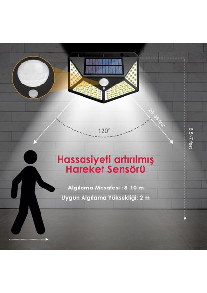 4ADET 100 Ledli Hareket Sensörlü Güneş Enerjili Solar Bahçe Lambası LED Şarj Olabilen