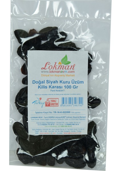 Lokmanavm Doğal Siyah Kuru Üzüm Kilis Karası 100 gr Paket