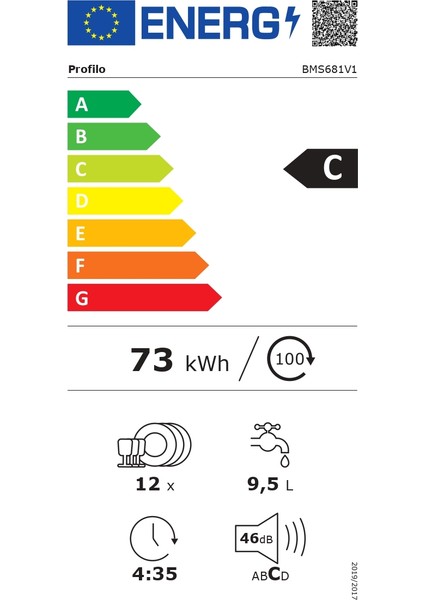 BMS681V1 C Enerji Sınıfı 6 Programlı 12 Kişilik Bulaşık Makinesi