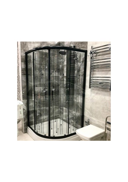 Özelduş 90*90 cm Siyah Profil 5 mm Siyah Baskı Desenli Cam Duş Teknesiz