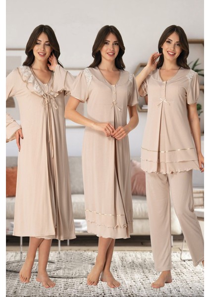Lohusa Kısa Kol Pijama Gecelik Sabahlık Set Takım Effort 8026