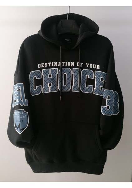 Kapüşonlu 3iplik Önü Choıce 33 Baskılı Oversize Siyah Sweatshirt