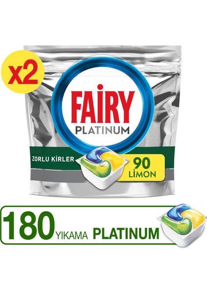 Platinum Bulaşık Makinesi Deterjanı Tableti / Kapsülü Limon Kokulu 180 Yıkama (90x2)