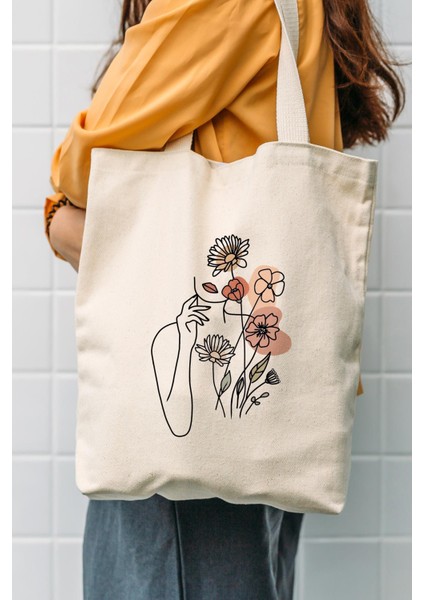 Kanvas Çiçek Kadın Baskılı Bez Çanta
