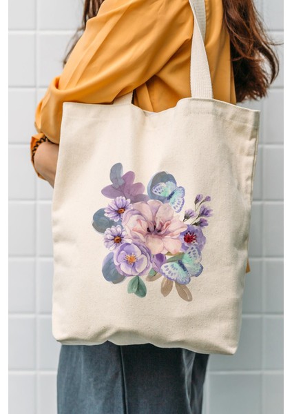 Kanvas Kelebek Çiçek Baskılı Bez Çanta