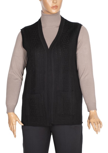 Kadın Karen Triko Cepli Boncuklu Siyah Yelek