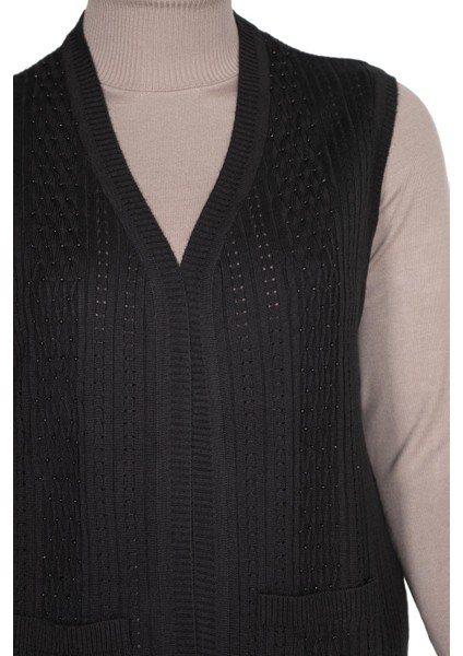Kadın Karen Triko Cepli Boncuklu Siyah Yelek fiyatları