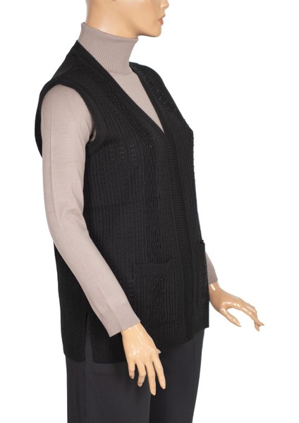 Kadın Karen Triko Cepli Boncuklu Siyah Yelek modelleri