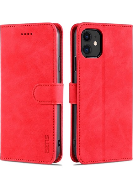 Apple İphone 12/12 Pro 6.1 Inç Için Pu Deri Standı Cüzdan Tasarım Kapak Kılıfı - Kırmızı (Yurt Dışından)