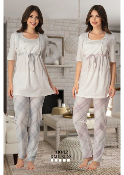 8042 Ekoseli Kısa Kol Lohusa Pijama Takım