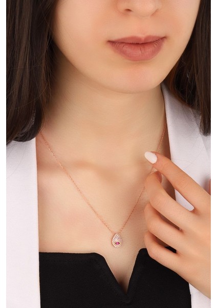 Kırmızı Taşlı Göz Damla Model 925 Ayar Gümüş Kolye