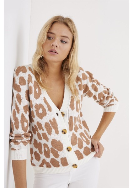 AQE FASHION Kadın Leopar Desenli Hırka Camel