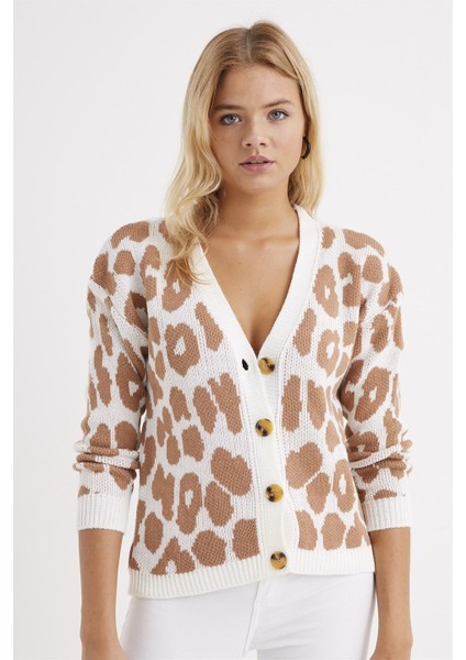 AQE FASHION Kadın Leopar Desenli Hırka Camel