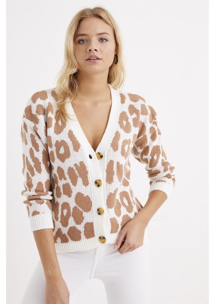 AQE FASHION Kadın Leopar Desenli Hırka Camel