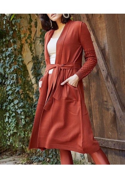 Kadın Tarçın Kolları Desenli Kuşaklı Hırka