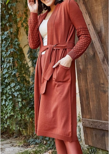 Kadın Tarçın Kolları Desenli Kuşaklı Hırka fiyatları