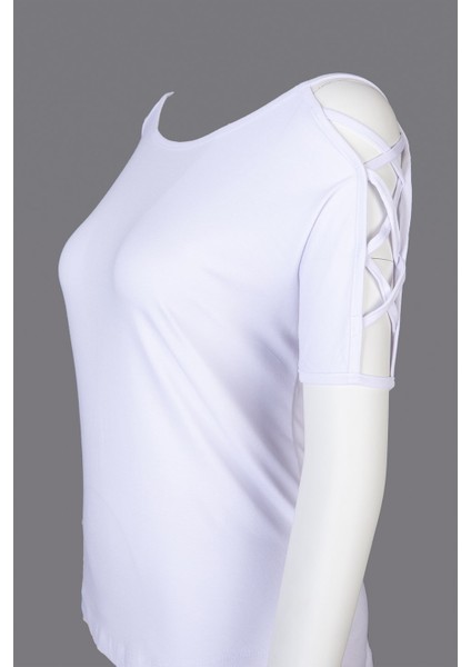 Kadın Kol Detaylı Kayık Yaka Beyaz Bluz